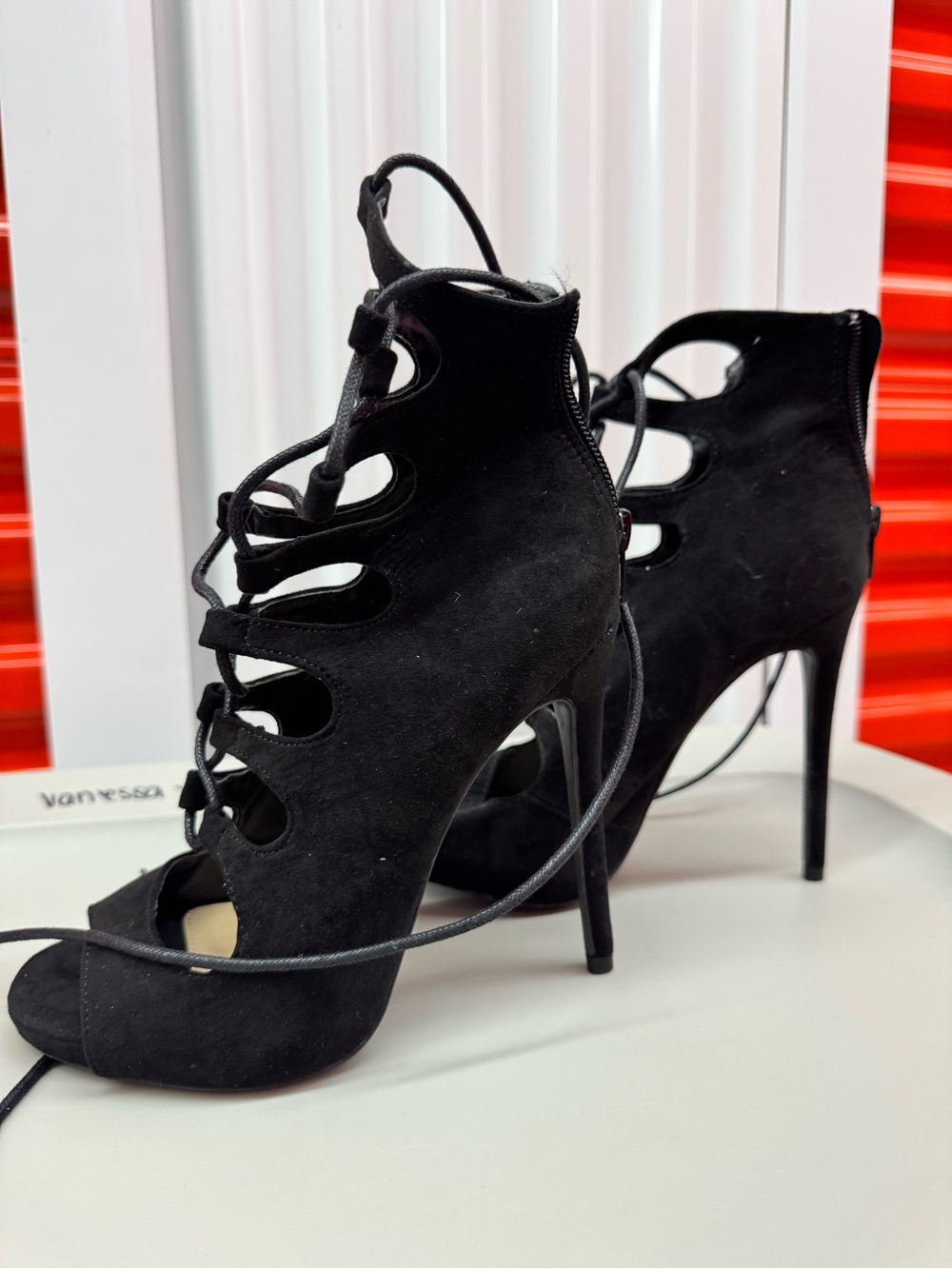 Miss Lola Black Lace-Up Cutout Stiletto Sandals
